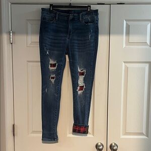 Judy Blue Dark Wash Skinny Jeans with Red Plaid Accents